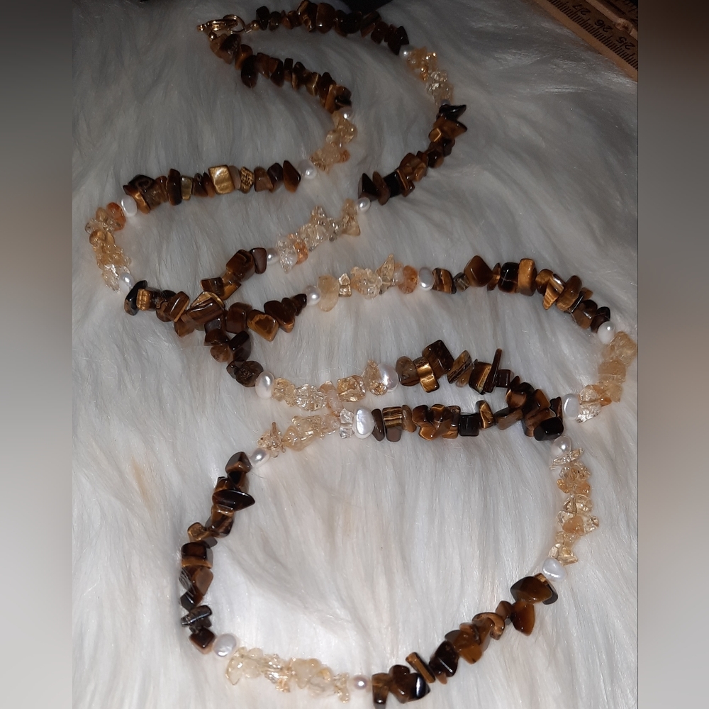 pearl, citrine Tigers eye gemstone nugget Chip necklace EUC goldtone clasp - Picture 7 of 14
